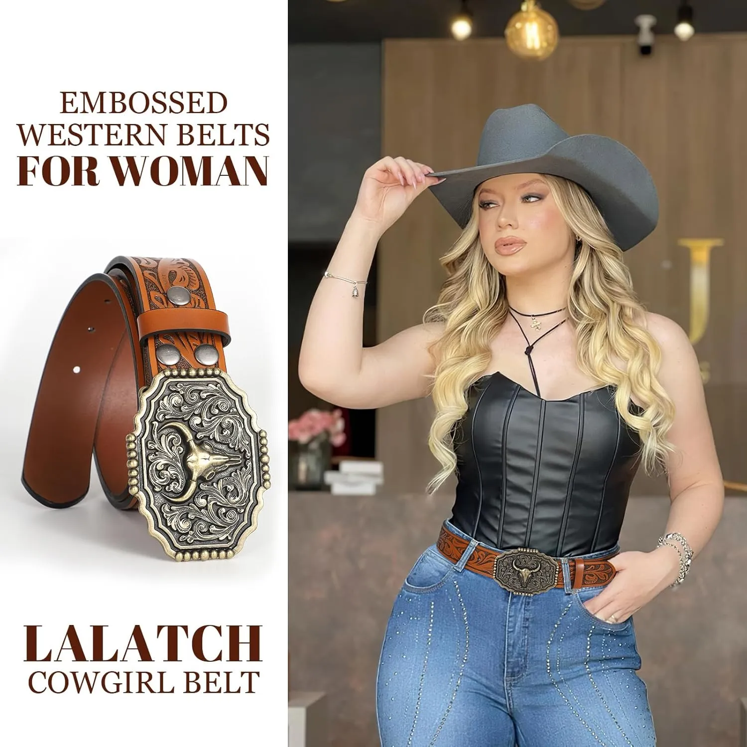 Western Belts for Woman Men, Cowboy Cowgirl Belt Embossed Western Country Bull Buckle Leather Belts for Jeans