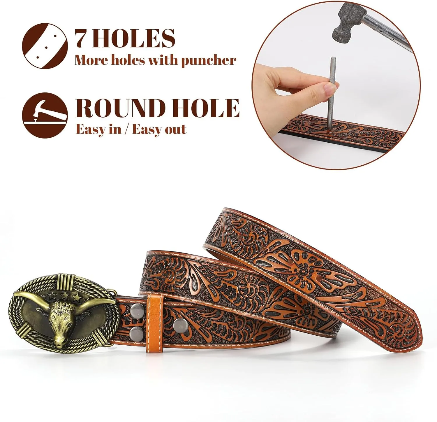 Western Belts for Woman Men, Cowboy Cowgirl Belt Embossed Western Country Bull Buckle Leather Belts for Jeans