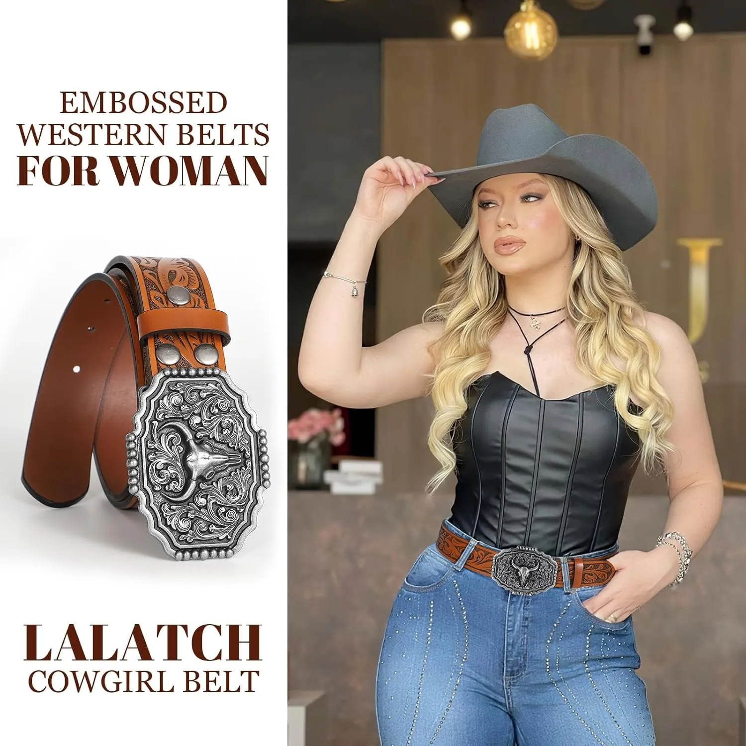 Western Belts for Woman Men, Cowboy Cowgirl Belt Embossed Western Country Bull Buckle Leather Belts for Jeans