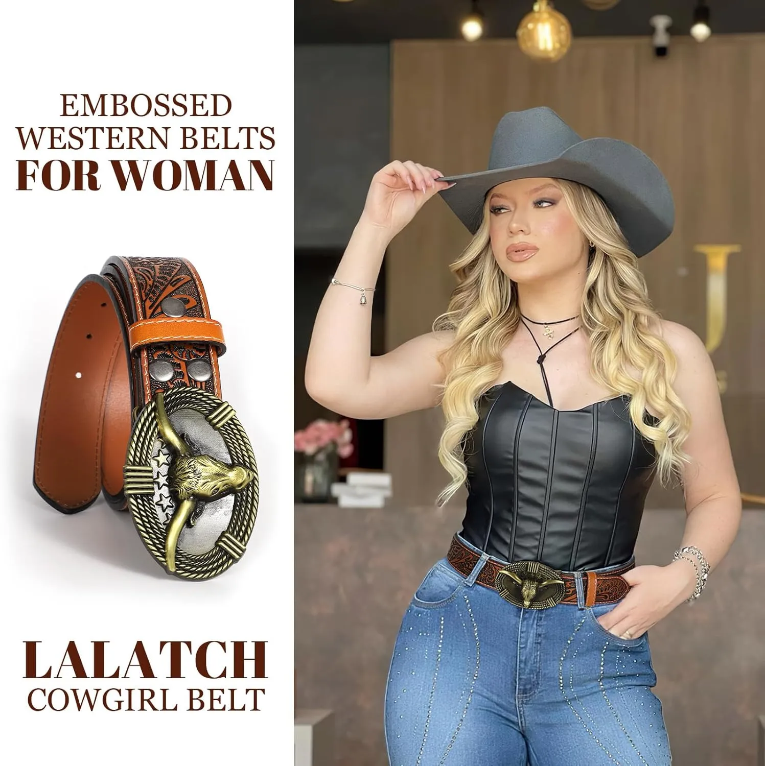 Western Belts for Woman Men, Cowboy Cowgirl Belt Embossed Western Country Bull Buckle Leather Belts for Jeans