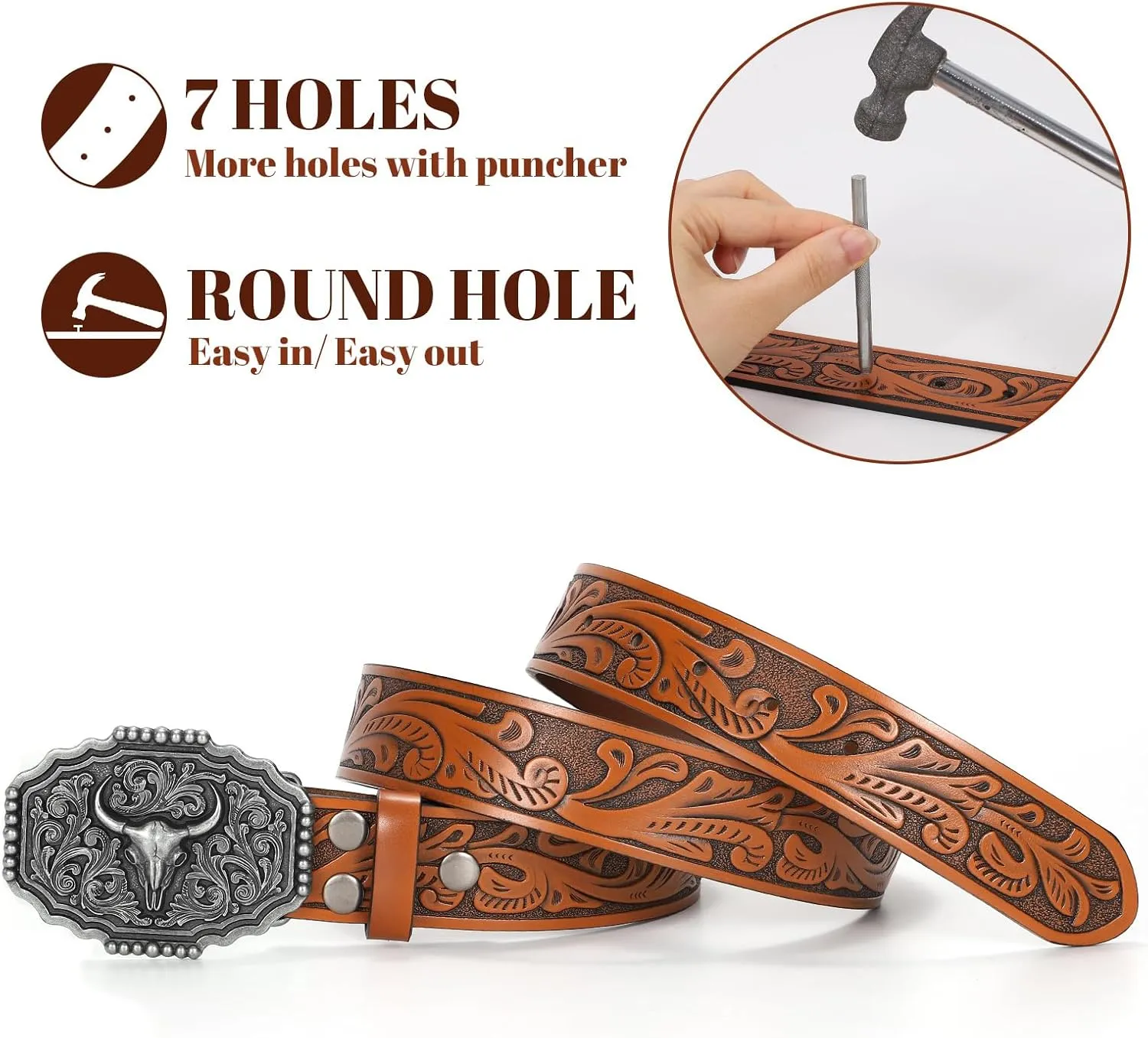 Western Belts for Woman Men, Cowboy Cowgirl Belt Embossed Western Country Bull Buckle Leather Belts for Jeans