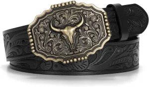 Western Belts for Woman Men, Cowboy Cowgirl Belt Embossed Western Country Bull Buckle Leather Belts for Jeans