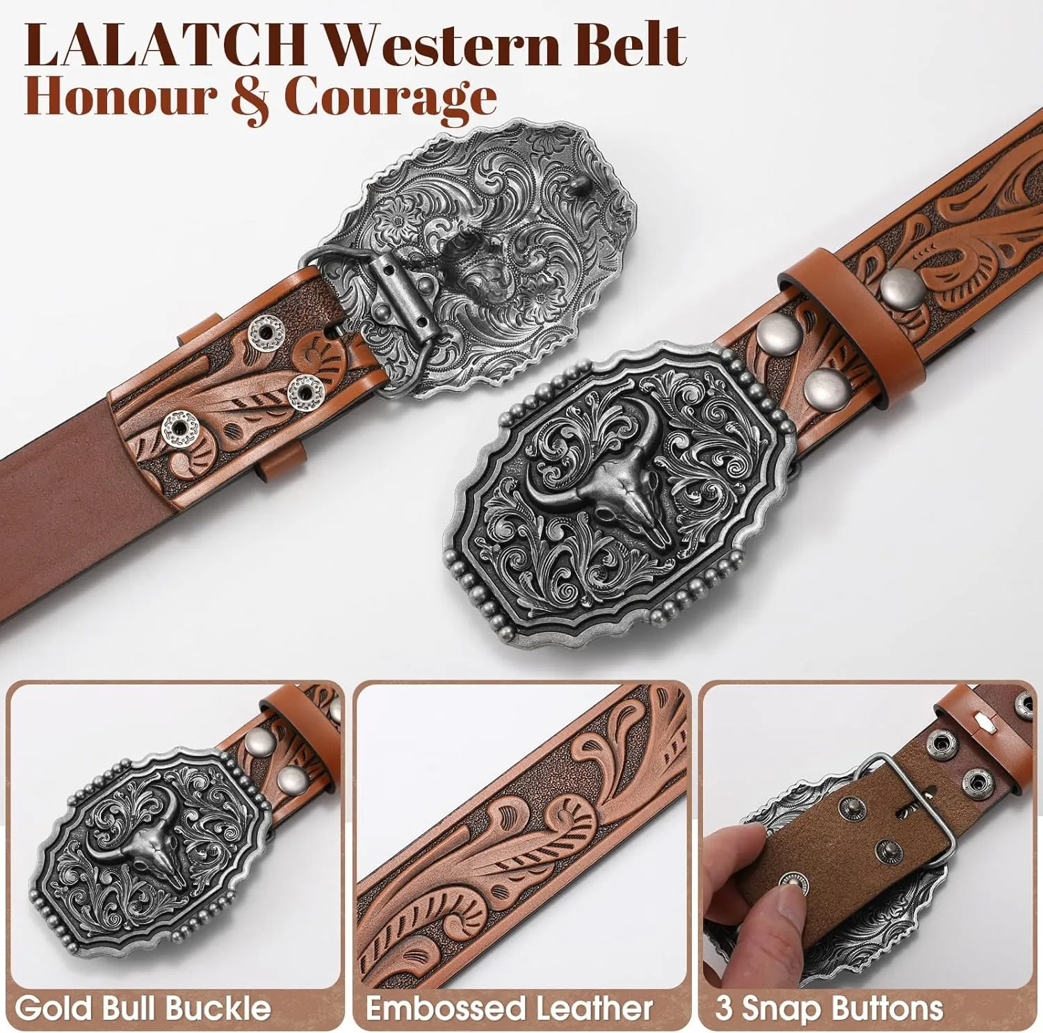 Western Belts for Woman Men, Cowboy Cowgirl Belt Embossed Western Country Bull Buckle Leather Belts for Jeans