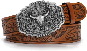 Western Belts for Woman Men, Cowboy Cowgirl Belt Embossed Western Country Bull Buckle Leather Belts for Jeans