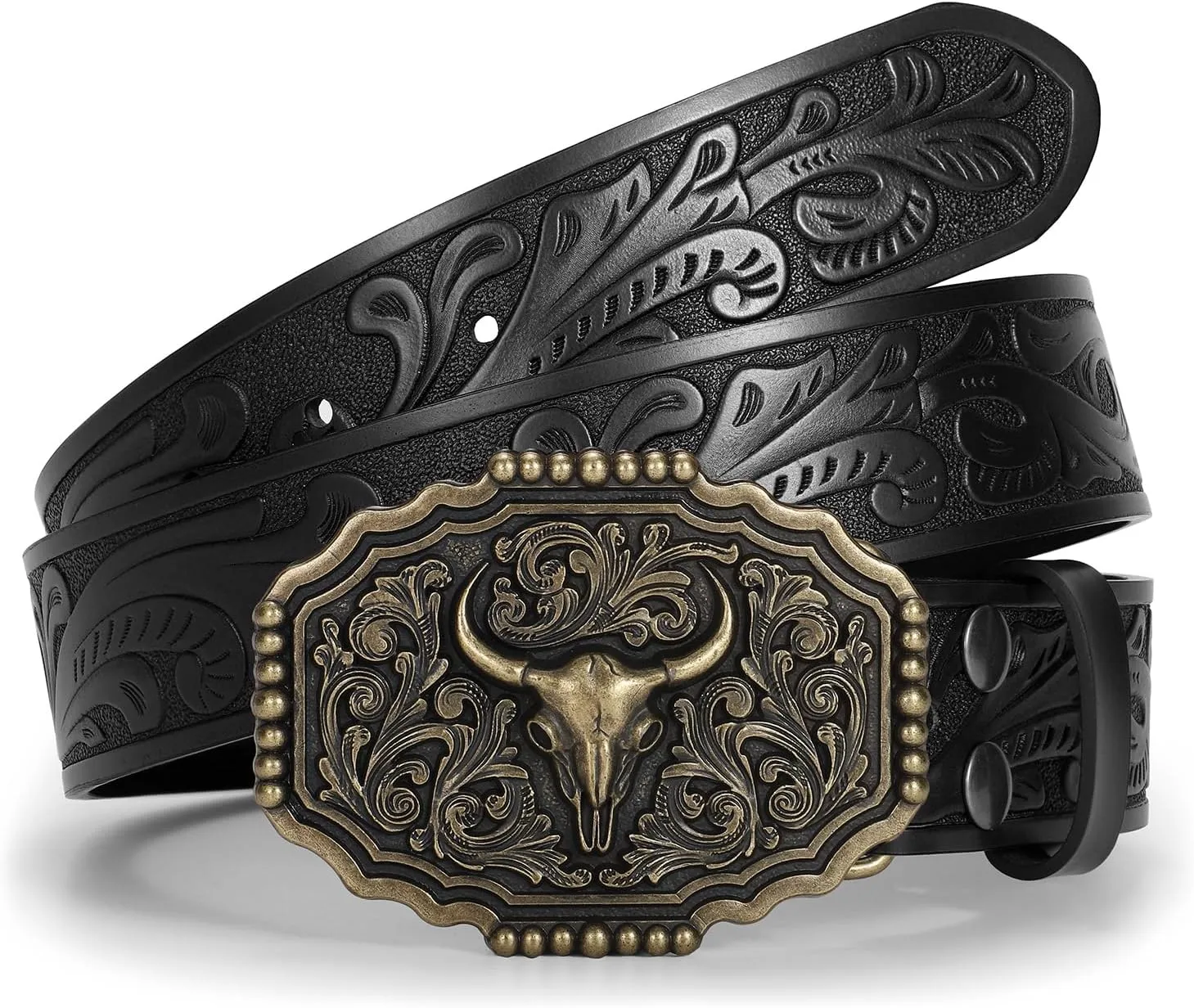 Western Belts for Woman Men, Cowboy Cowgirl Belt Embossed Western Country Bull Buckle Leather Belts for Jeans