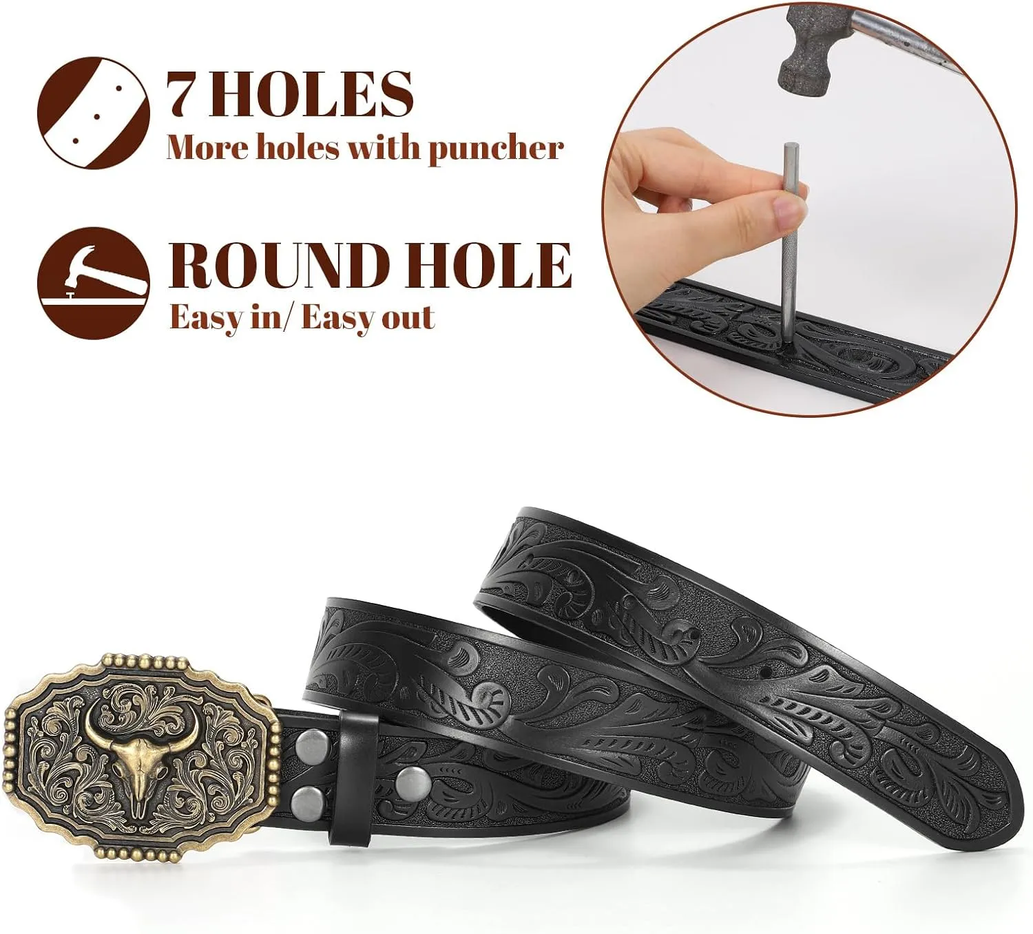 Western Belts for Woman Men, Cowboy Cowgirl Belt Embossed Western Country Bull Buckle Leather Belts for Jeans