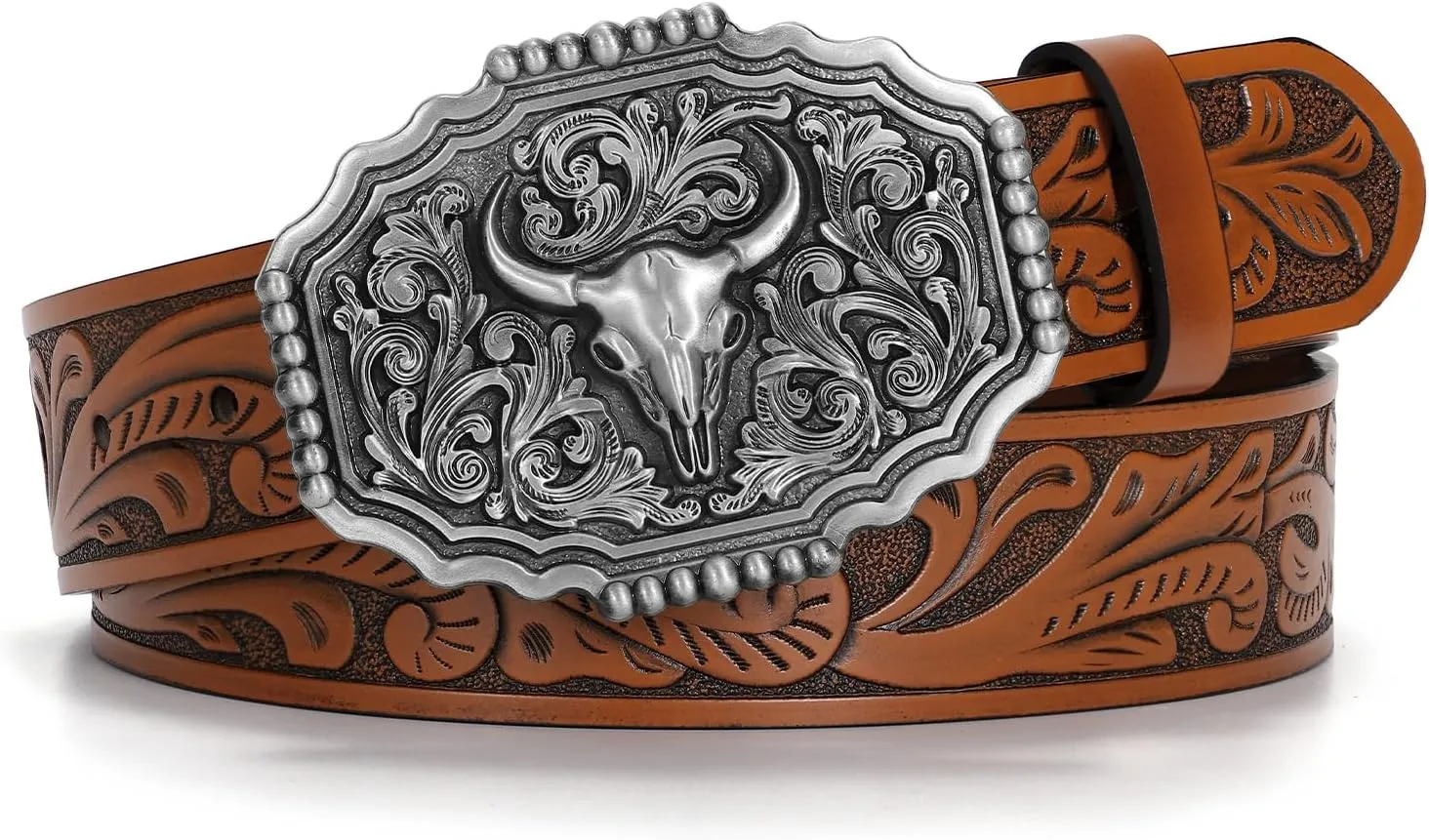 Western Belts for Woman Men, Cowboy Cowgirl Belt Embossed Western Country Bull Buckle Leather Belts for Jeans