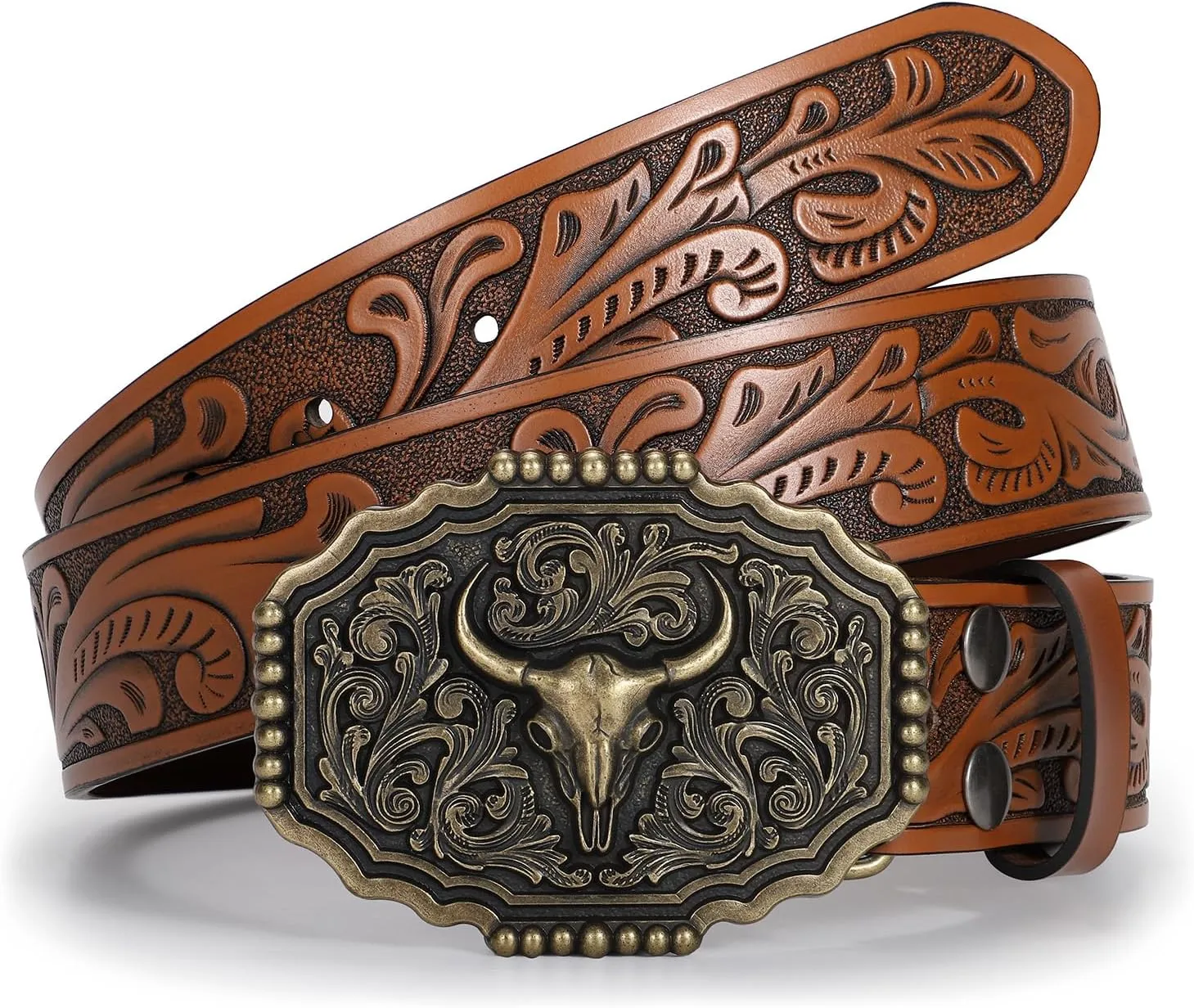 Western Belts for Woman Men, Cowboy Cowgirl Belt Embossed Western Country Bull Buckle Leather Belts for Jeans