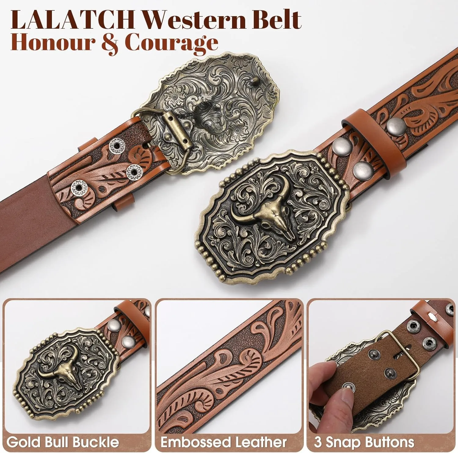 Western Belts for Woman Men, Cowboy Cowgirl Belt Embossed Western Country Bull Buckle Leather Belts for Jeans