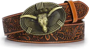 Western Belts for Woman Men, Cowboy Cowgirl Belt Embossed Western Country Bull Buckle Leather Belts for Jeans