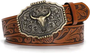 Western Belts for Woman Men, Cowboy Cowgirl Belt Embossed Western Country Bull Buckle Leather Belts for Jeans