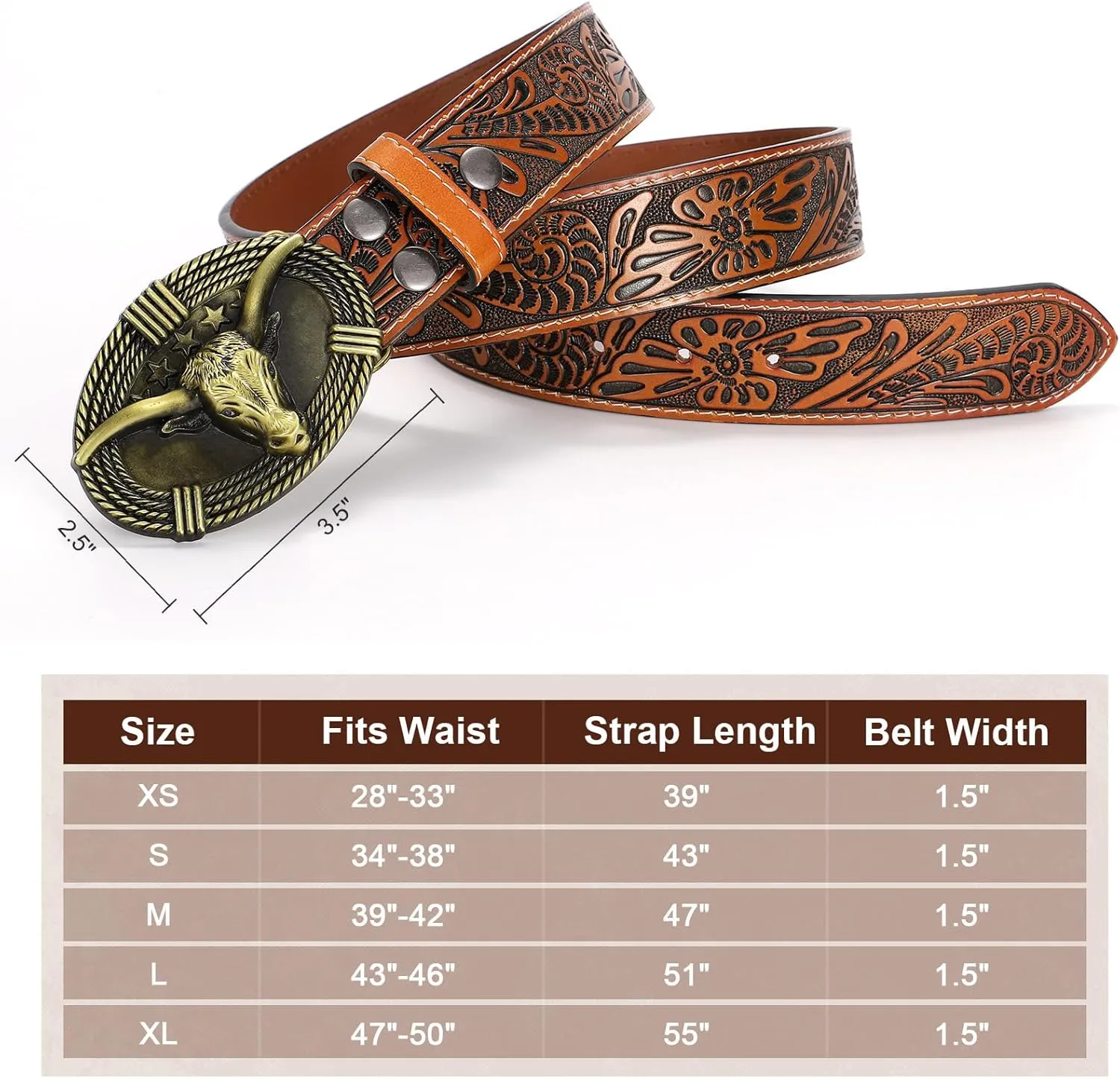 Western Belts for Woman Men, Cowboy Cowgirl Belt Embossed Western Country Bull Buckle Leather Belts for Jeans