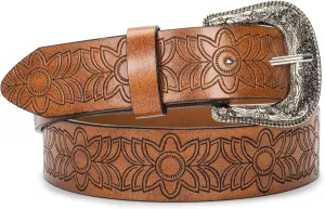 Western-Belts for Women, Men-Belt with Rhinestone Buckle-Belts, Turquoise Carved Pattern Western-Belts