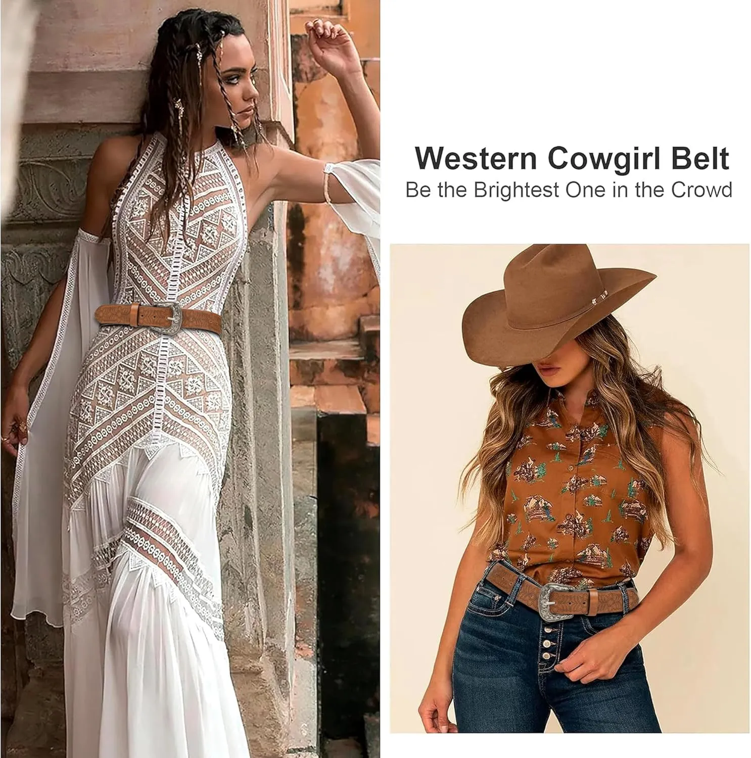 Western-Belts for Women, Men-Belt with Rhinestone Buckle-Belts, Turquoise Carved Pattern Western-Belts