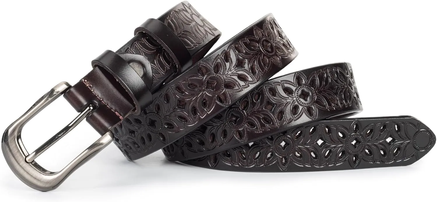 Western-Belts for Women, Men-Belt with Rhinestone Buckle-Belts, Turquoise Carved Pattern Western-Belts