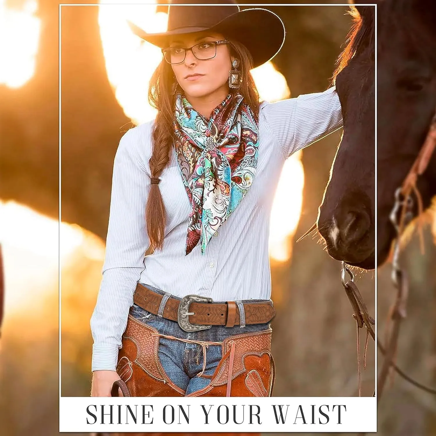 Western-Belts for Women, Men-Belt with Rhinestone Buckle-Belts, Turquoise Carved Pattern Western-Belts