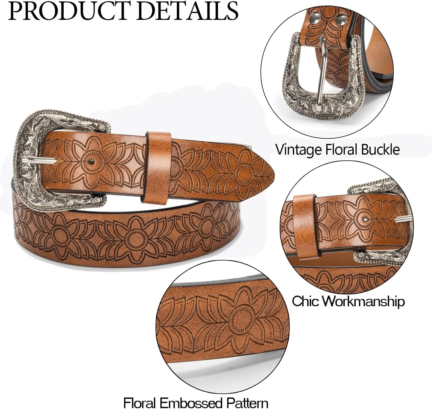 Western-Belts for Women, Men-Belt with Rhinestone Buckle-Belts, Turquoise Carved Pattern Western-Belts