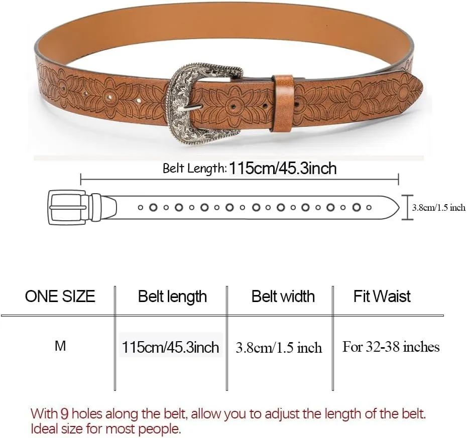 Western-Belts for Women, Men-Belt with Rhinestone Buckle-Belts, Turquoise Carved Pattern Western-Belts