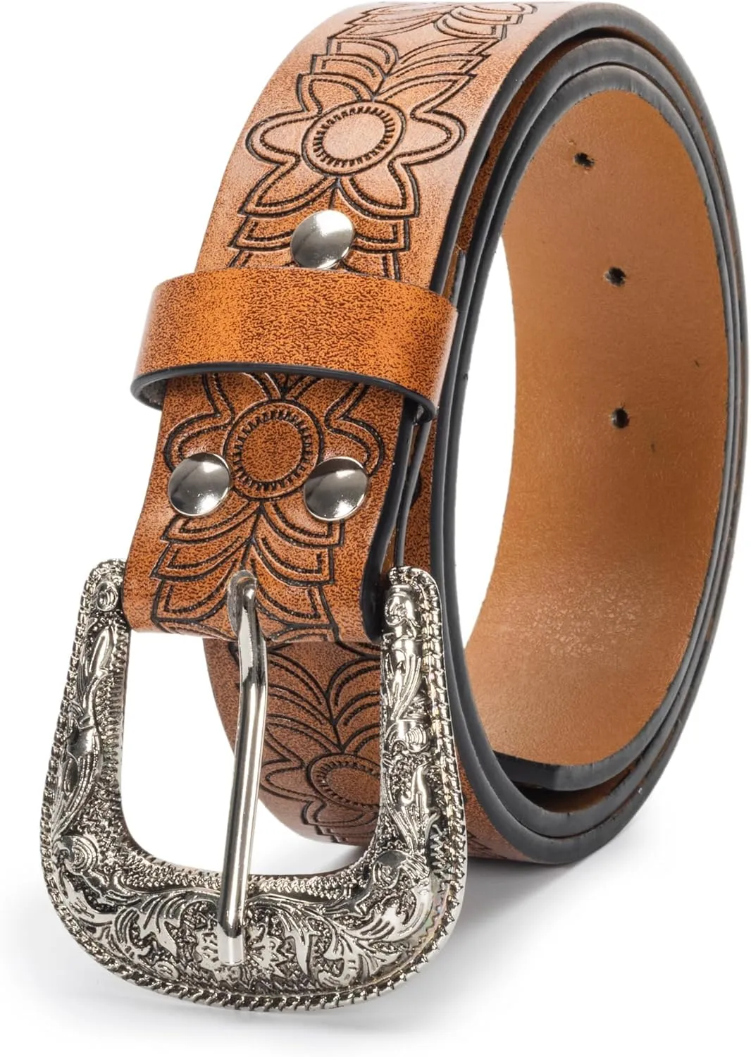 Western-Belts for Women, Men-Belt with Rhinestone Buckle-Belts, Turquoise Carved Pattern Western-Belts