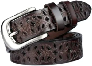 Western-Belts for Women, Men-Belt with Rhinestone Buckle-Belts, Turquoise Carved Pattern Western-Belts