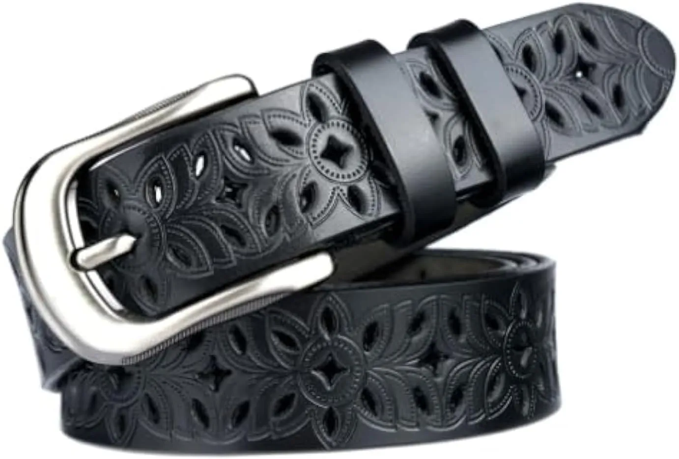 Western-Belts for Women, Men-Belt with Rhinestone Buckle-Belts, Turquoise Carved Pattern Western-Belts