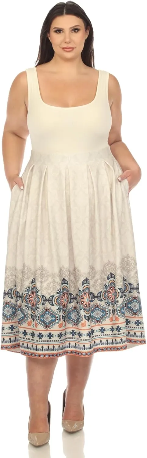 white mark Women's Plus Size Pleated Skirt with Border Prints