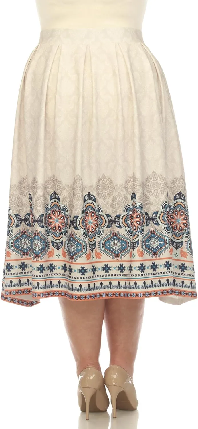 white mark Women's Plus Size Pleated Skirt with Border Prints