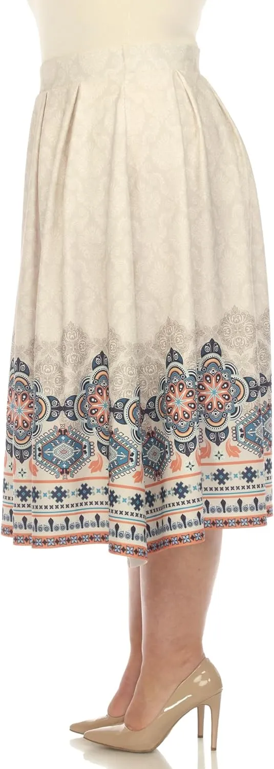 white mark Women's Plus Size Pleated Skirt with Border Prints