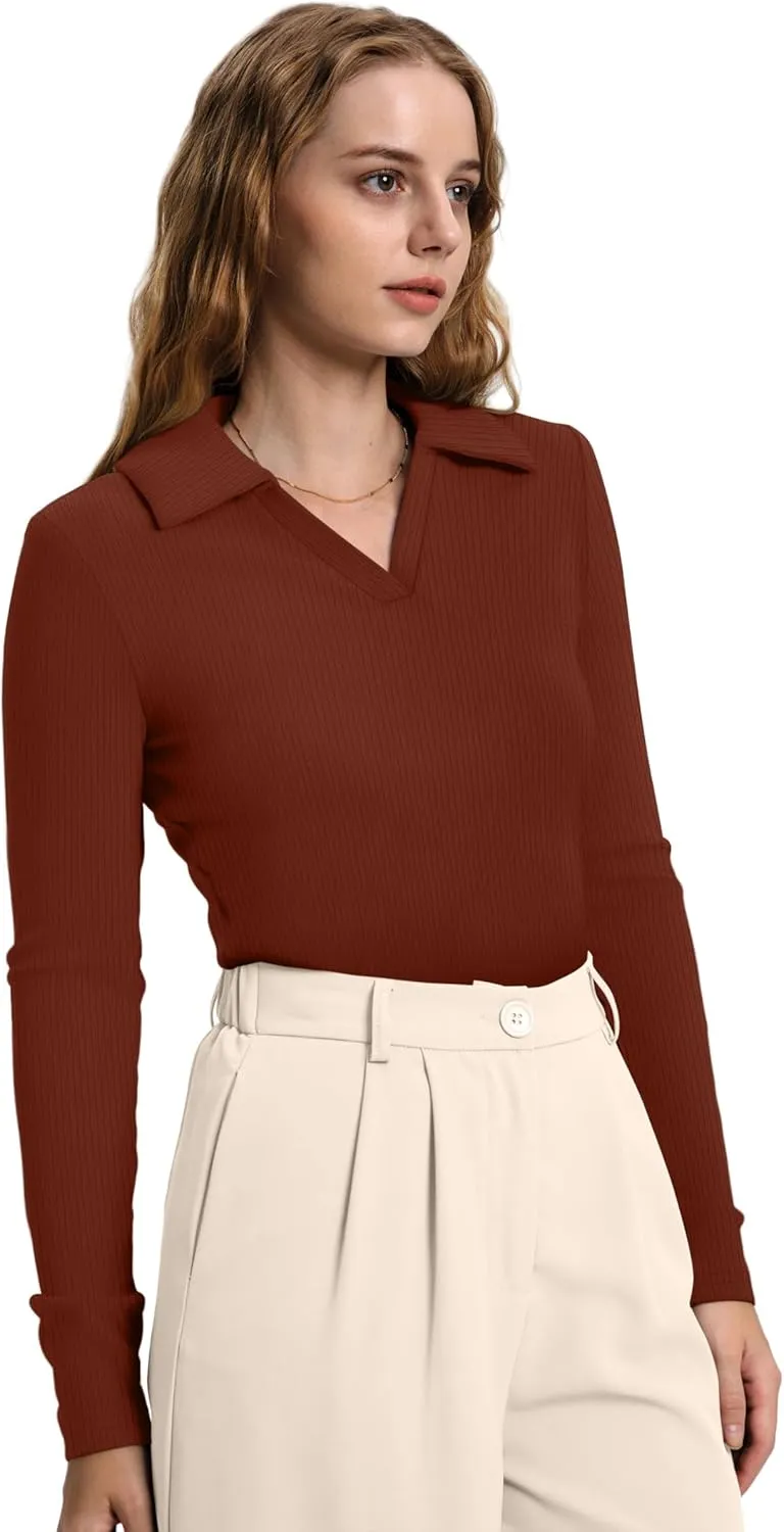 WIHOLL Womens Polo Shirts Long Sleeve Business Casual Tops Collared V Neck Ribbed Knit Sweater Slim Fit Blouses