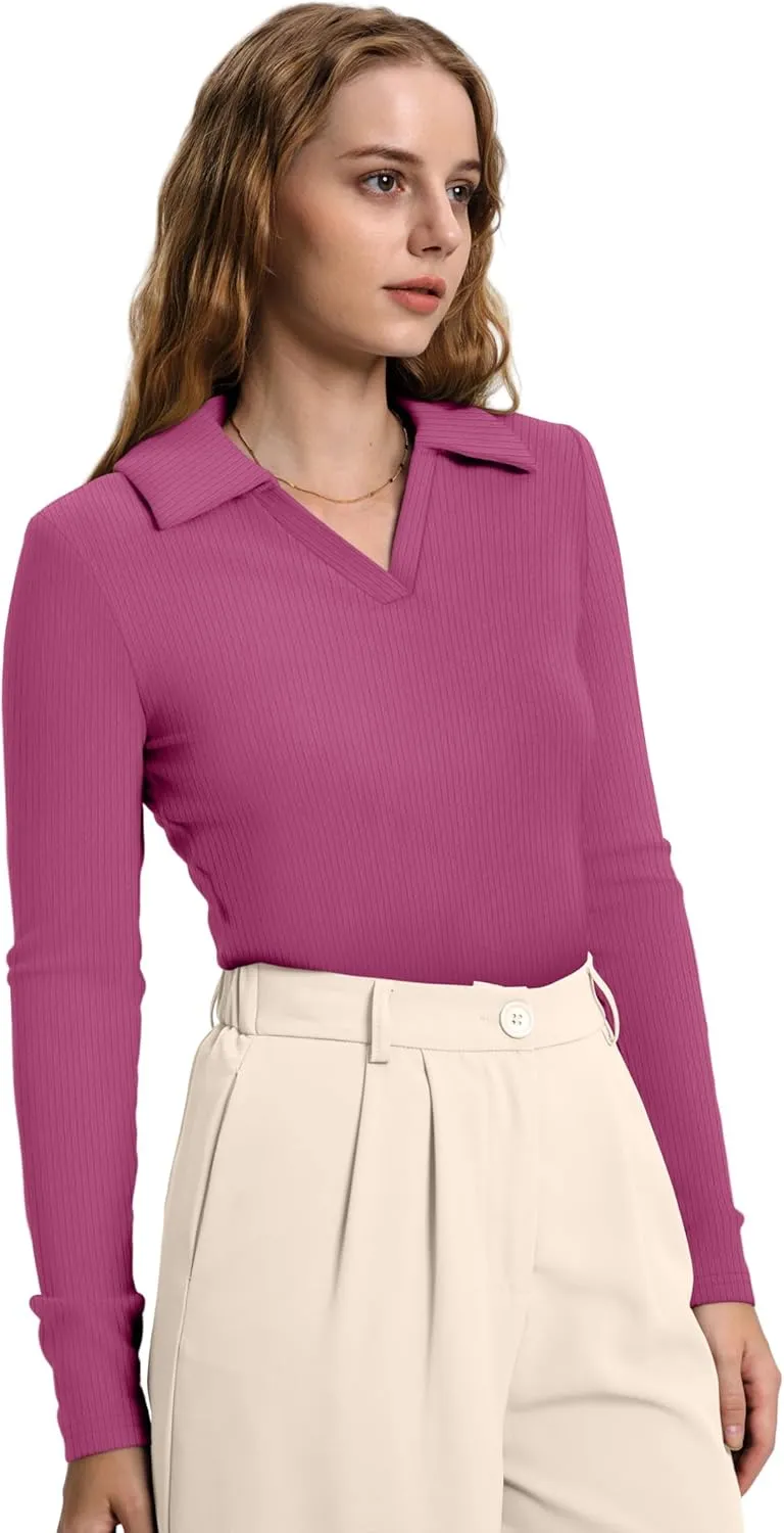 WIHOLL Womens Polo Shirts Long Sleeve Business Casual Tops Collared V Neck Ribbed Knit Sweater Slim Fit Blouses