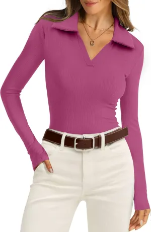 WIHOLL Womens Polo Shirts Long Sleeve Business Casual Tops Collared V Neck Ribbed Knit Sweater Slim Fit Blouses