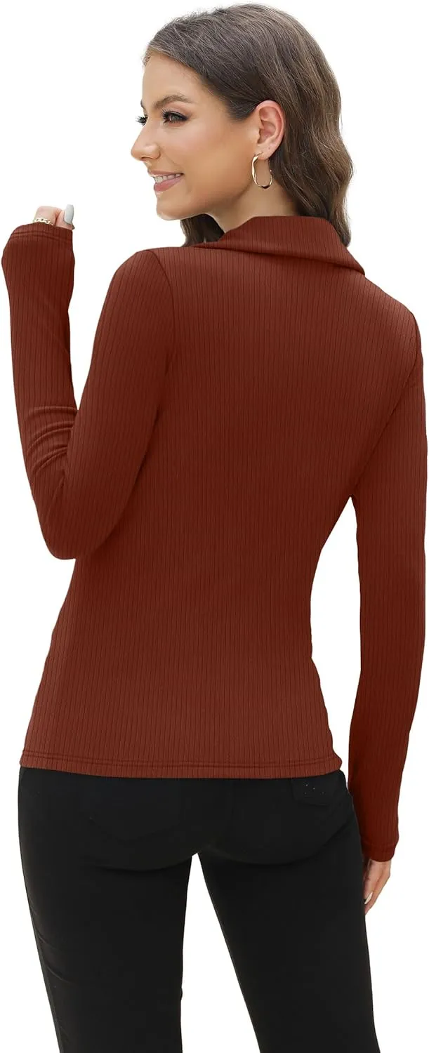 WIHOLL Womens Polo Shirts Long Sleeve Business Casual Tops Collared V Neck Ribbed Knit Sweater Slim Fit Blouses
