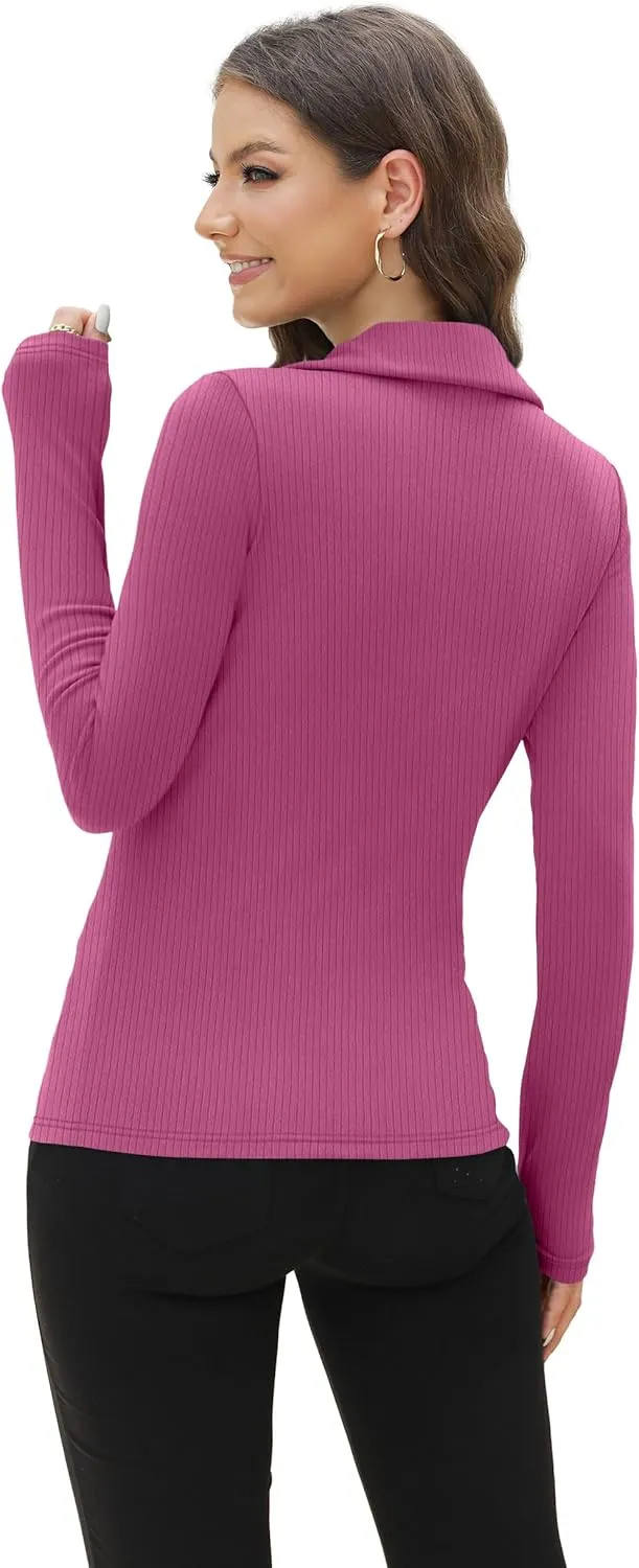 WIHOLL Womens Polo Shirts Long Sleeve Business Casual Tops Collared V Neck Ribbed Knit Sweater Slim Fit Blouses