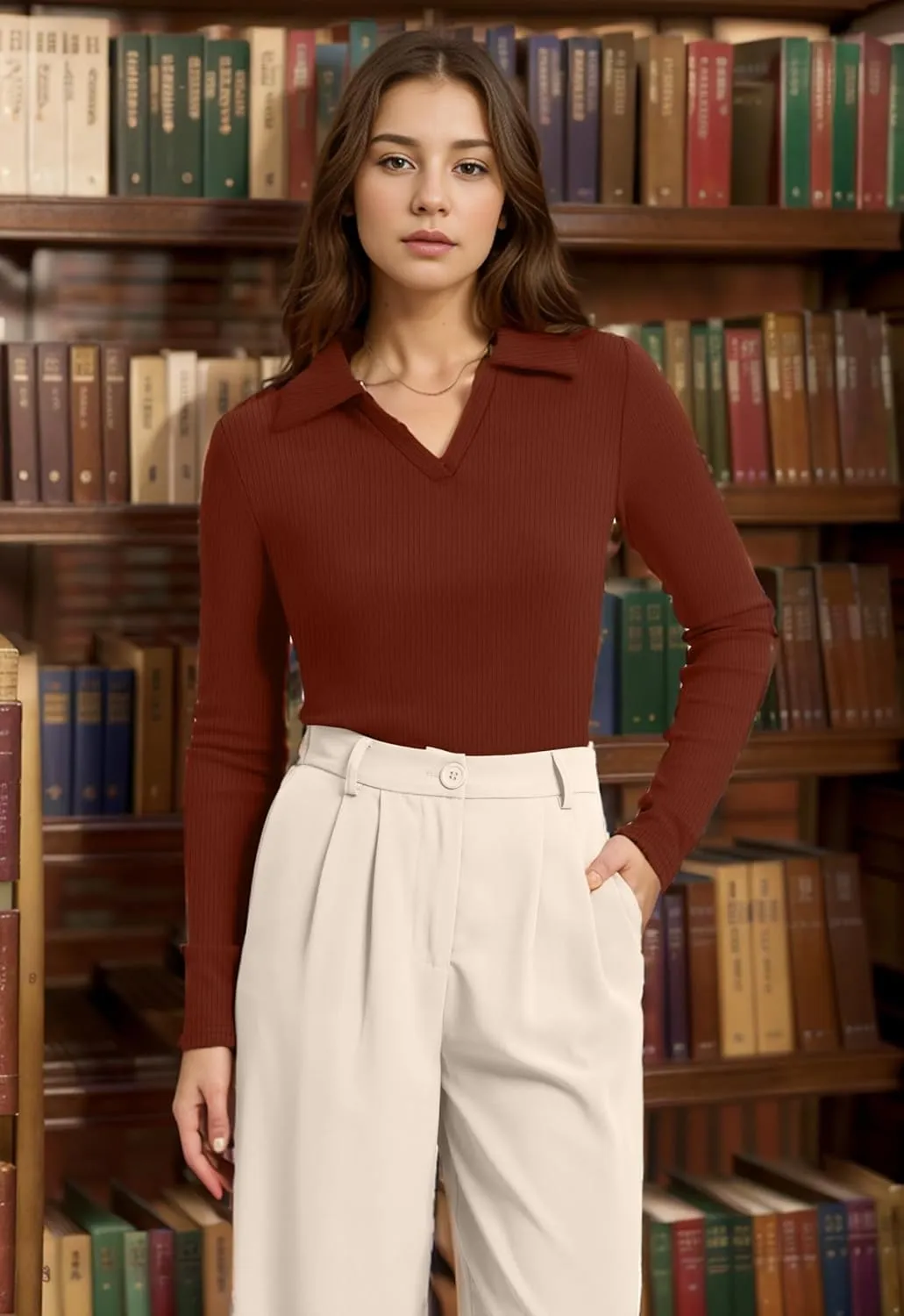WIHOLL Womens Polo Shirts Long Sleeve Business Casual Tops Collared V Neck Ribbed Knit Sweater Slim Fit Blouses