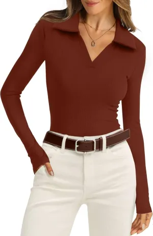 WIHOLL Womens Polo Shirts Long Sleeve Business Casual Tops Collared V Neck Ribbed Knit Sweater Slim Fit Blouses