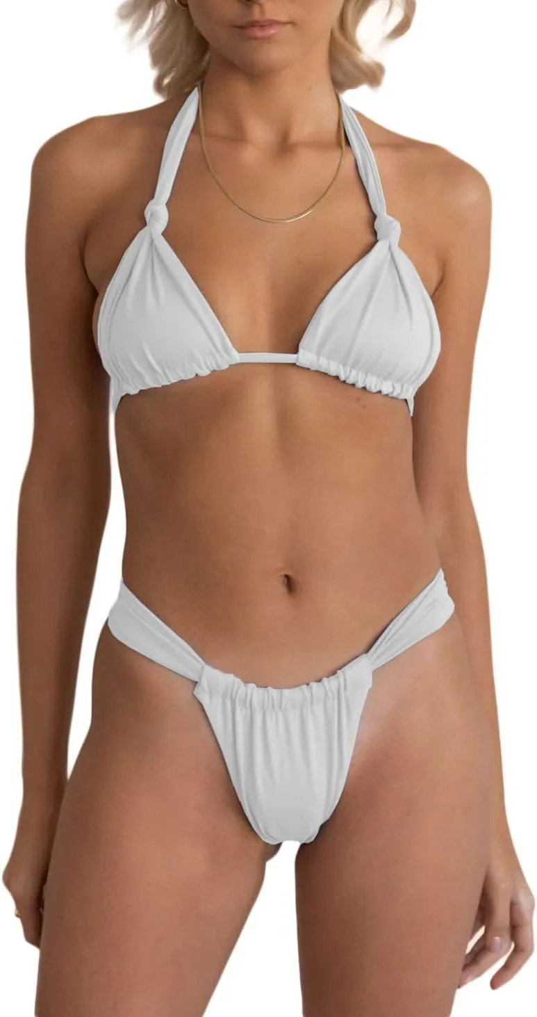 Women Two Piece Swimsuits Halter Triangle String Bikini Sets Sexy Ruched Brazilian Cheeky Thong Bathing Suit