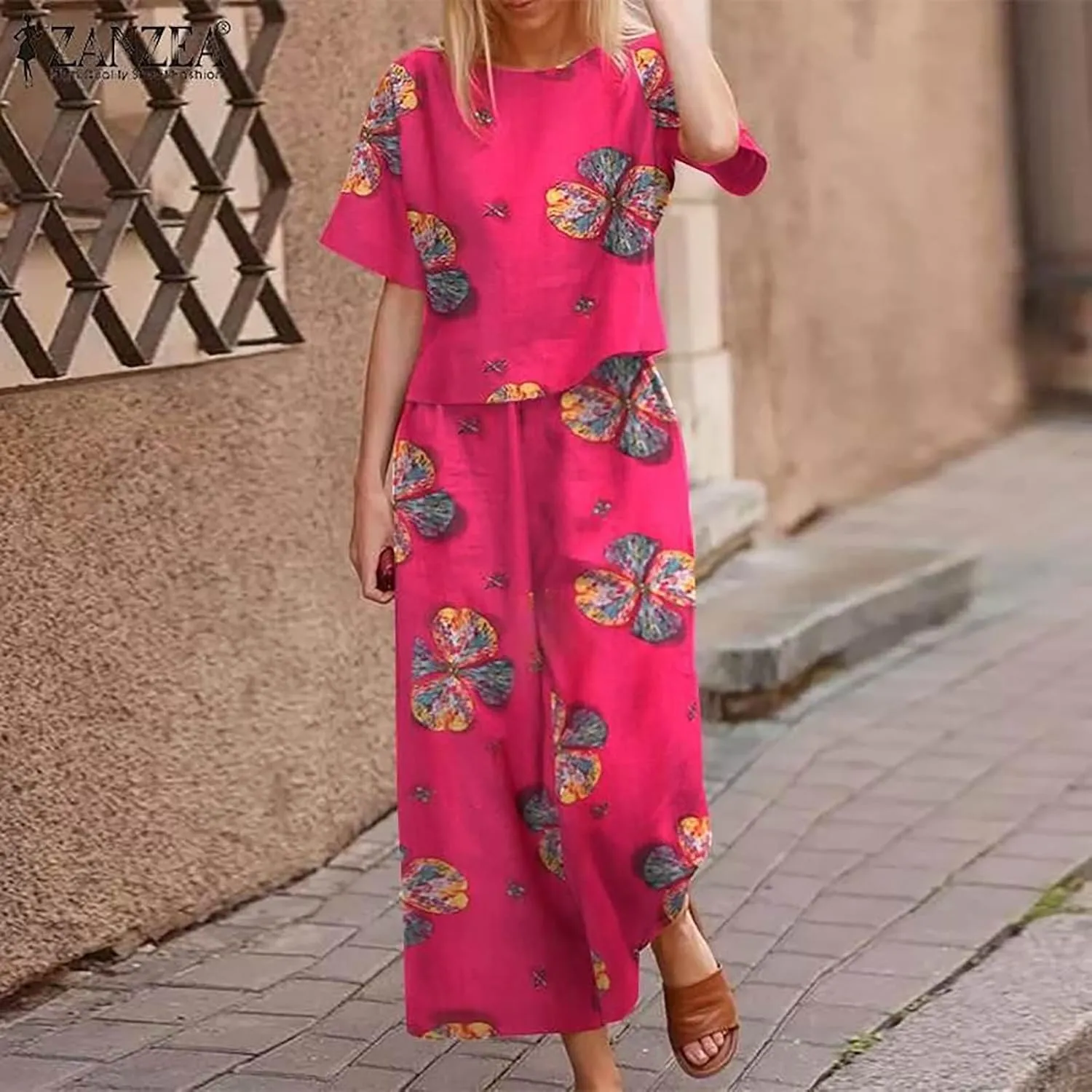 Women's 2 Piece Outfits Linen Short Sleeve Casual Sets Crewneck Tops Wide Leg Pants Summer Plus Size Lounge Suits