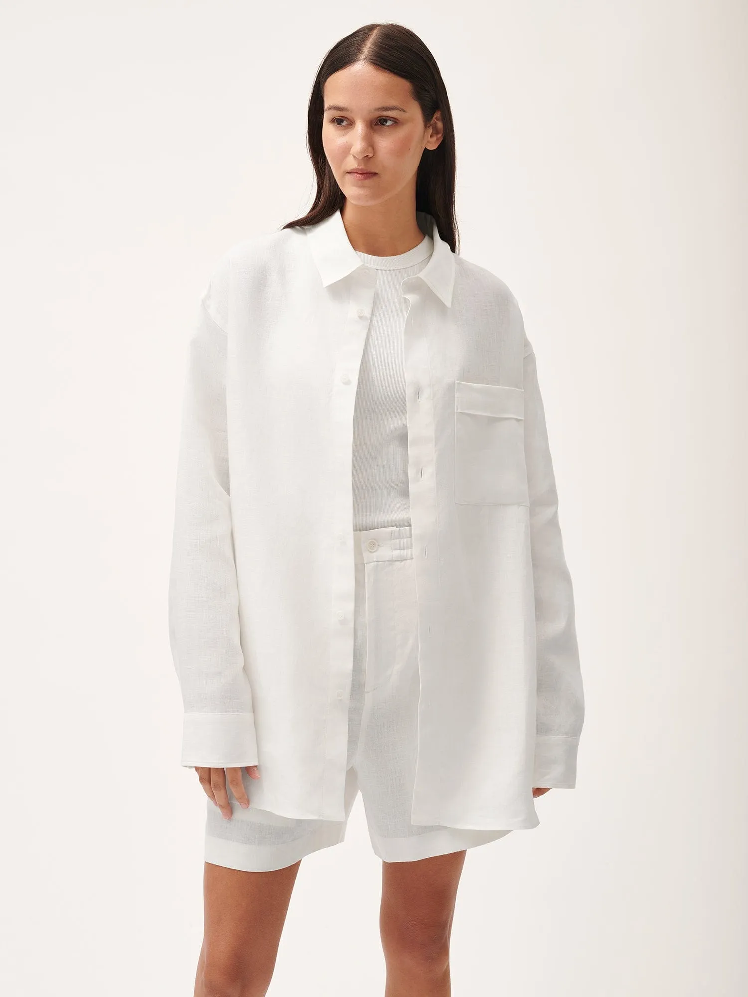 Womens Aloe Linen Collared Long Sleeve Shirtoff-white