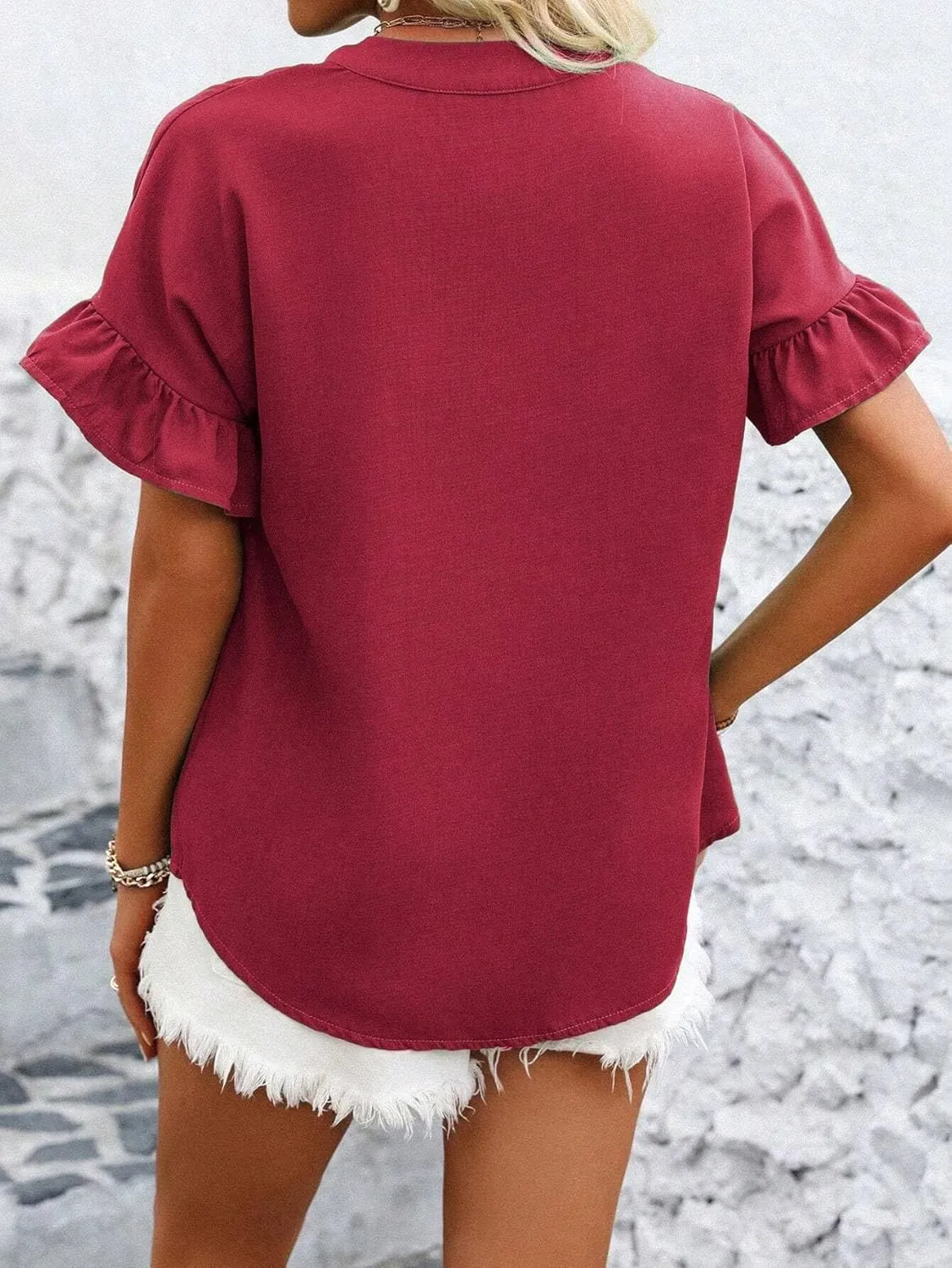 Womens Button Down Shirts Ruffle Ruched Short Sleeve Tops Summer Solid Casual Work Business Blouses