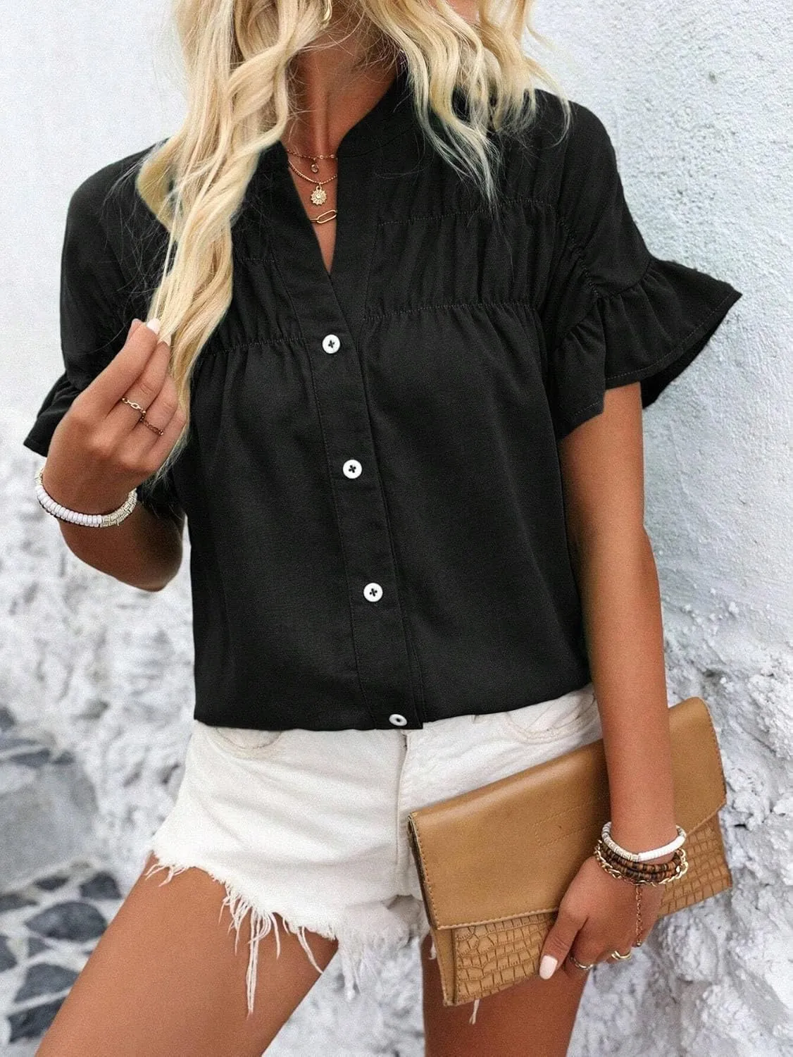 Womens Button Down Shirts Ruffle Ruched Short Sleeve Tops Summer Solid Casual Work Business Blouses