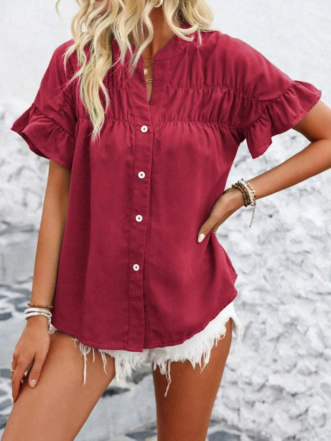 Womens Button Down Shirts Ruffle Ruched Short Sleeve Tops Summer Solid Casual Work Business Blouses