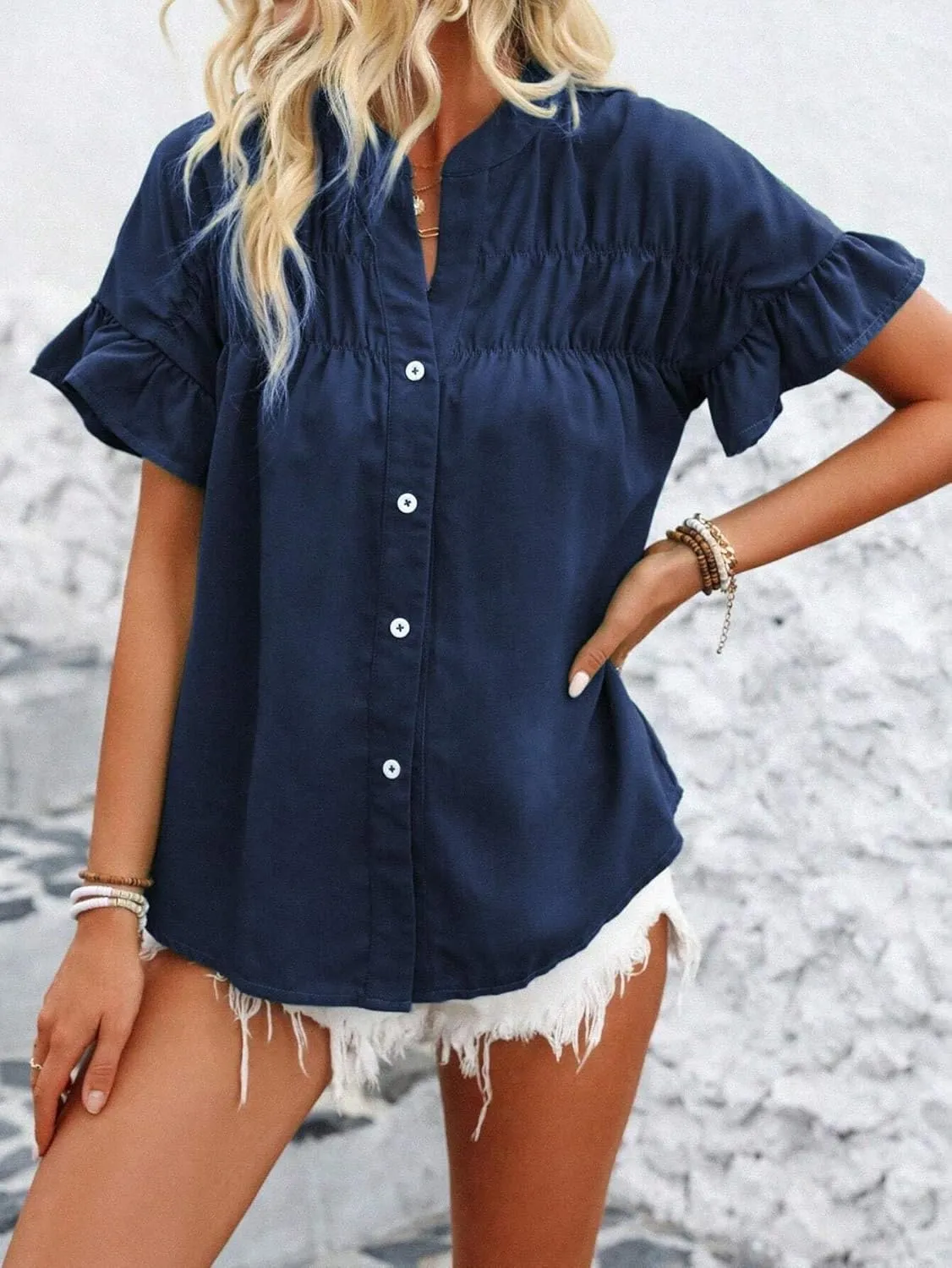 Womens Button Down Shirts Ruffle Ruched Short Sleeve Tops Summer Solid Casual Work Business Blouses