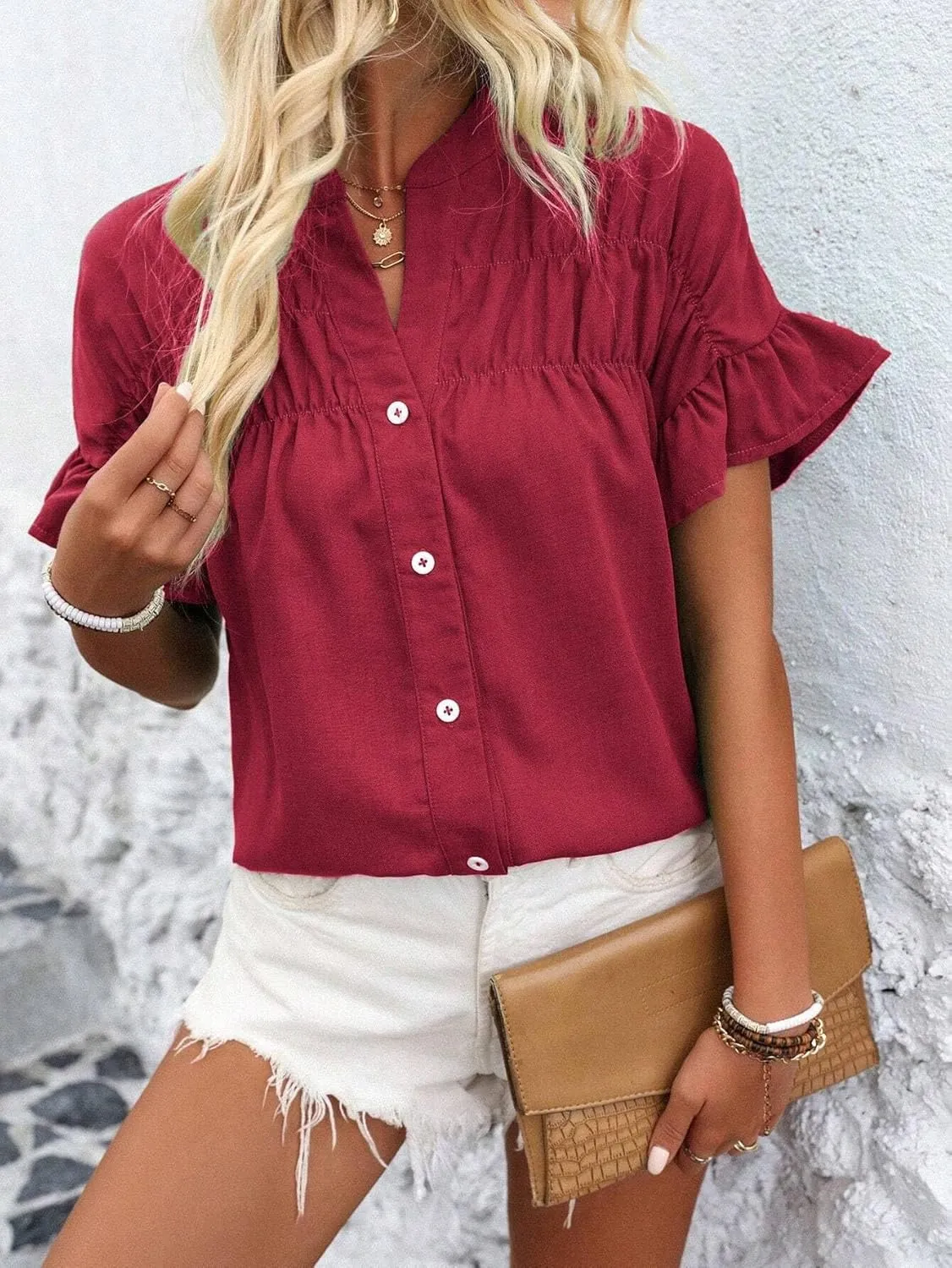 Womens Button Down Shirts Ruffle Ruched Short Sleeve Tops Summer Solid Casual Work Business Blouses