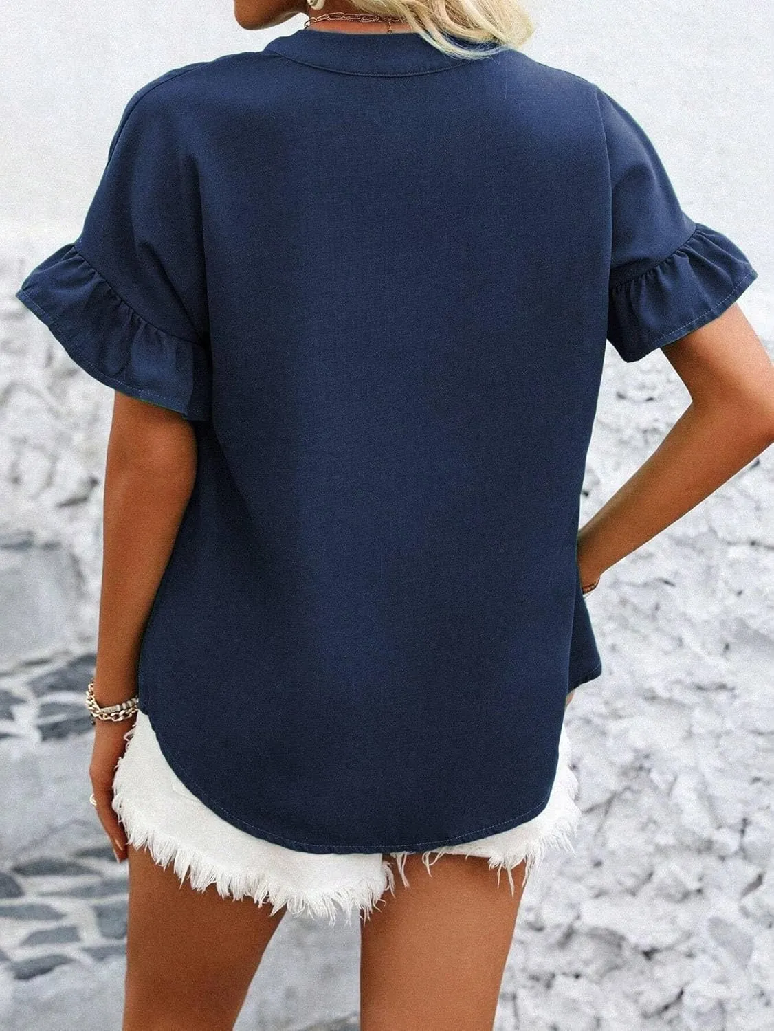 Womens Button Down Shirts Ruffle Ruched Short Sleeve Tops Summer Solid Casual Work Business Blouses