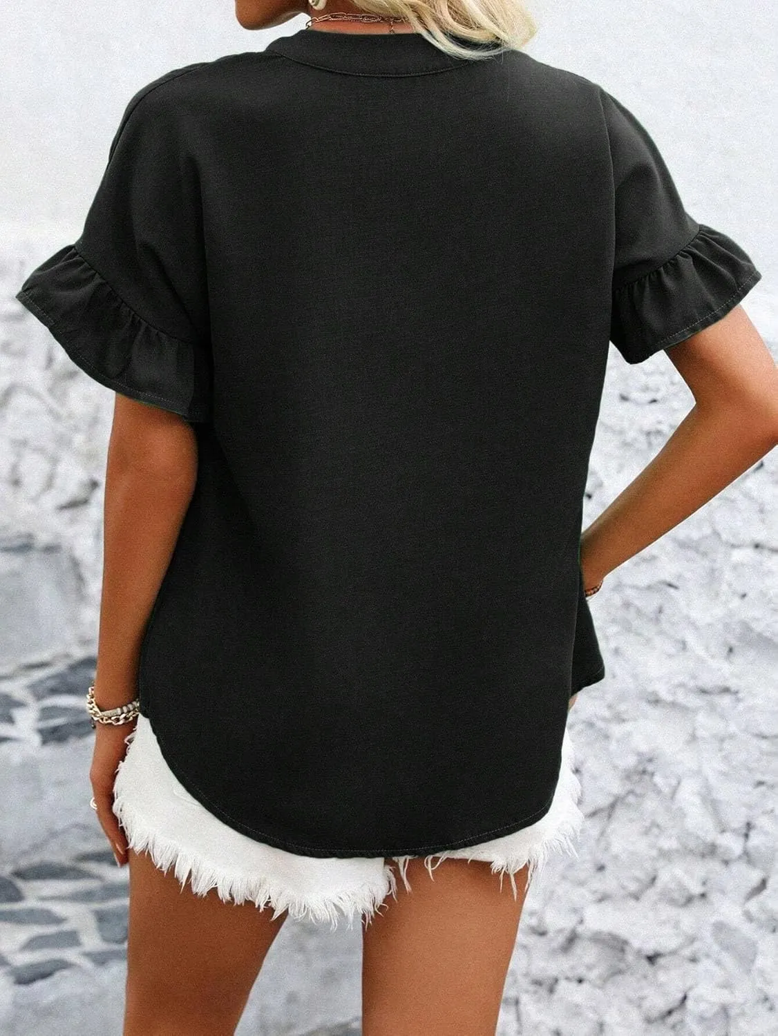 Womens Button Down Shirts Ruffle Ruched Short Sleeve Tops Summer Solid Casual Work Business Blouses