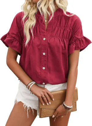 Womens Button Down Shirts Ruffle Ruched Short Sleeve Tops Summer Solid Casual Work Business Blouses