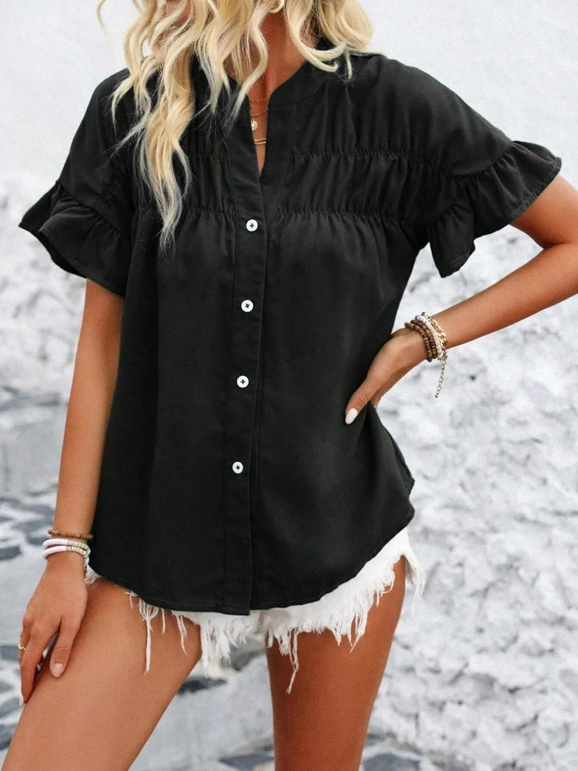 Womens Button Down Shirts Ruffle Ruched Short Sleeve Tops Summer Solid Casual Work Business Blouses