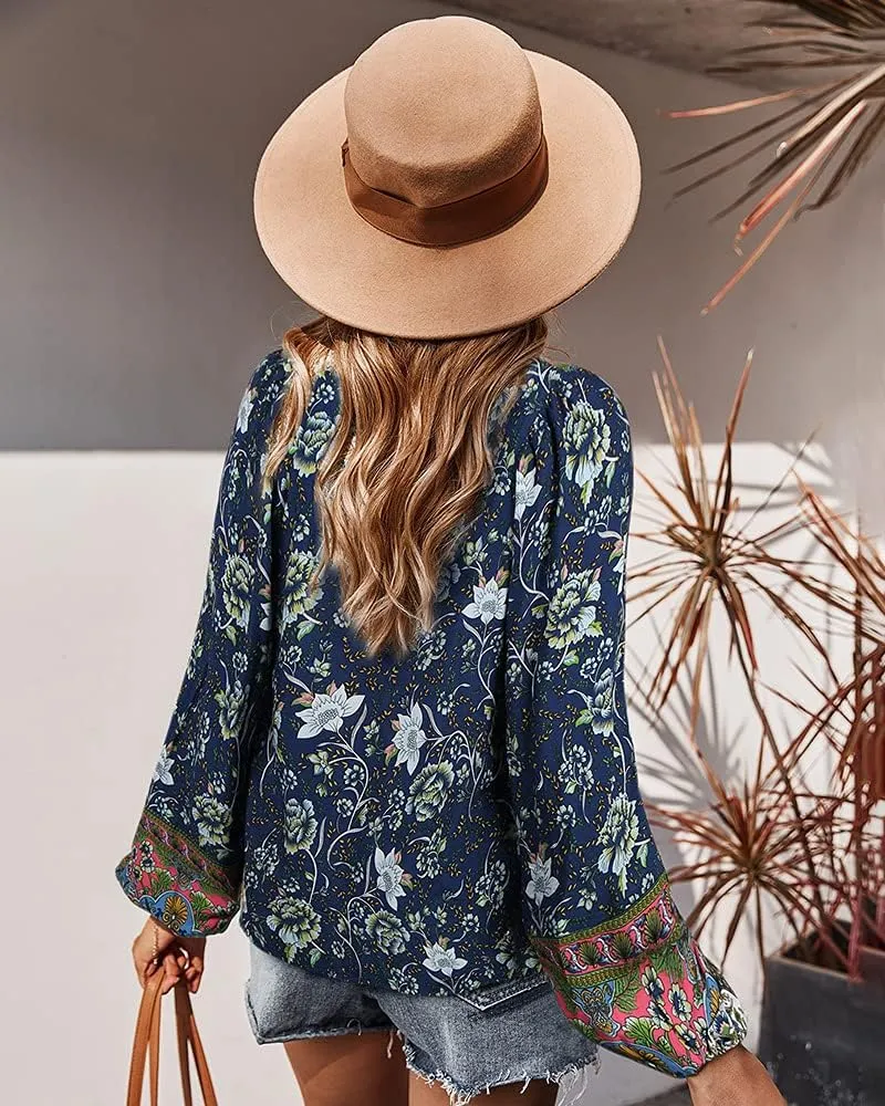 Women's Casual Floral Print V Neck Top Loose Boho Long Sleeve Beach Shirts Blouses