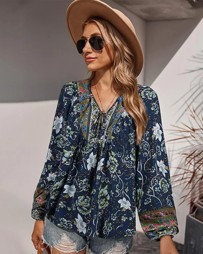 Women's Casual Floral Print V Neck Top Loose Boho Long Sleeve Beach Shirts Blouses