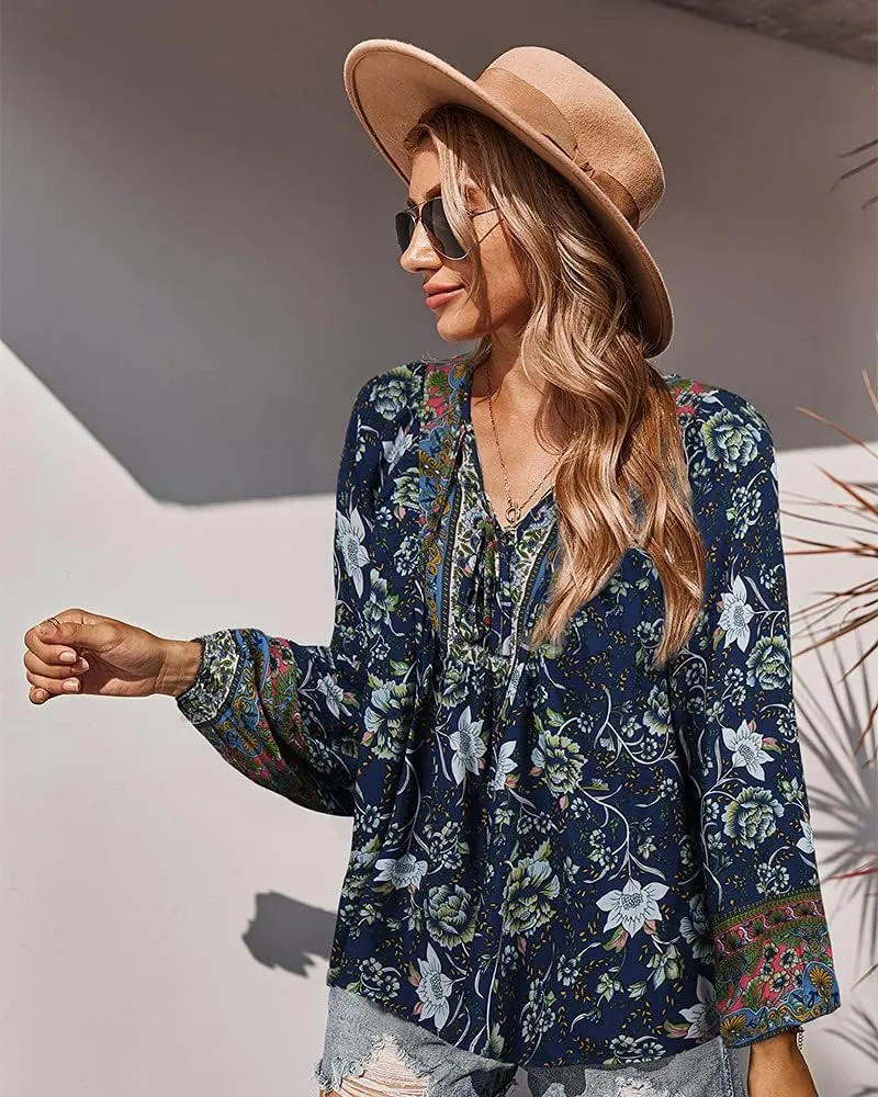 Women's Casual Floral Print V Neck Top Loose Boho Long Sleeve Beach Shirts Blouses